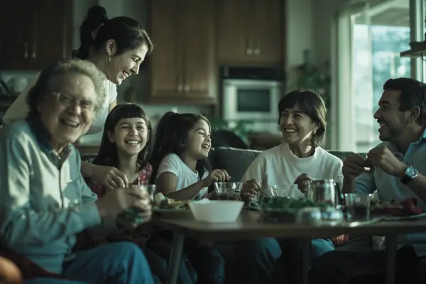 A warm and connected Latino family sharing a joyful moment together at home